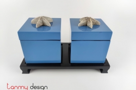 Set of 2 blue square boxes 9cm attached with stone starfish included with stand